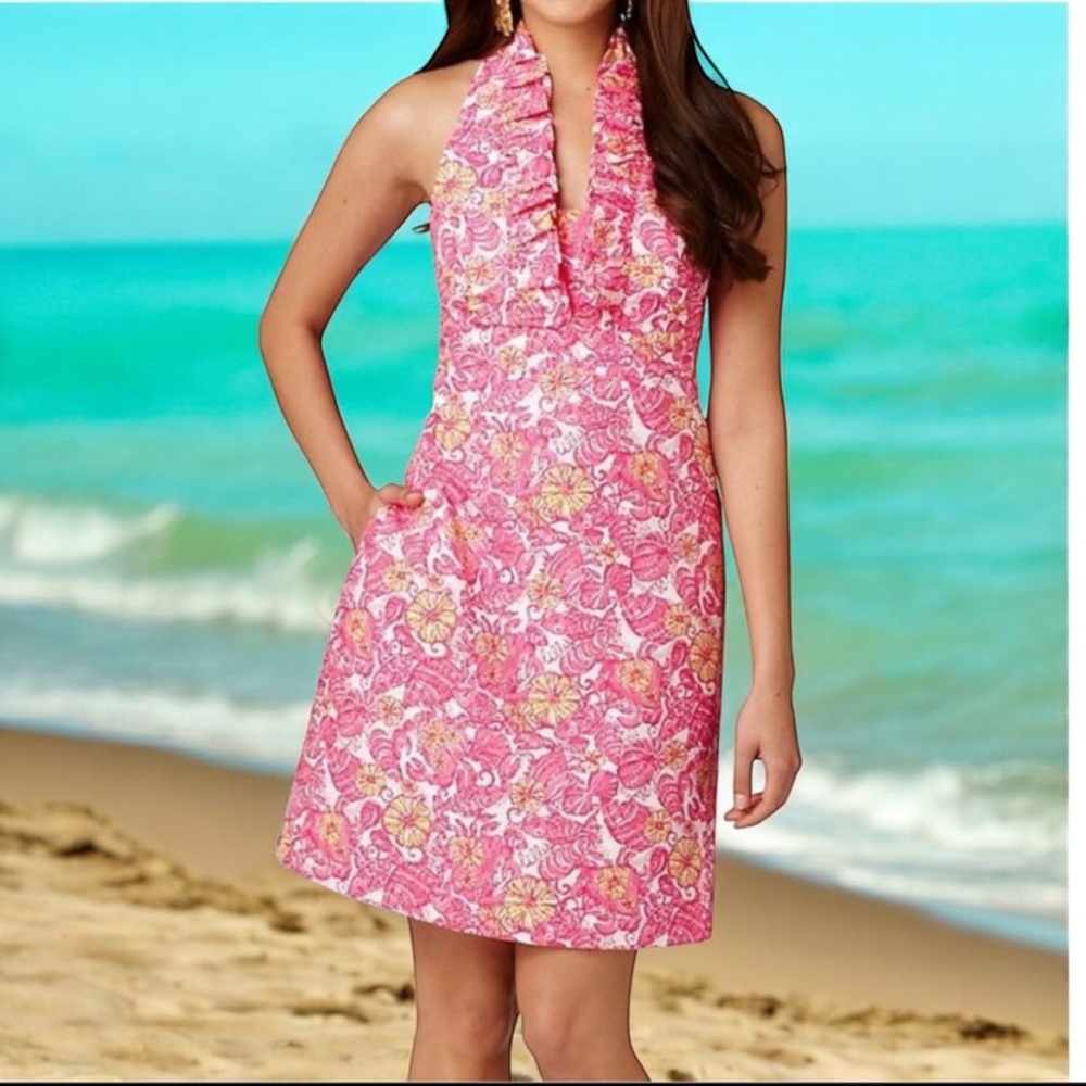 Lilly Pulitzer resort Pink and Yellow Halter chum bucket raffle Dress size 4